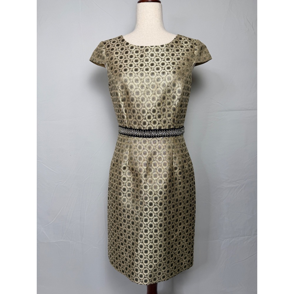 Vintage Retro Antonio Melani Gold Black Brocade Sheath Dress Beaded Waist size 4